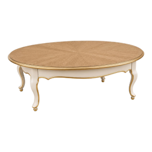 Late 20th Century Belgian Transitional Oval Coffee Table in Honey Oak & Antique Ivory With Bookmatched Veneer Top