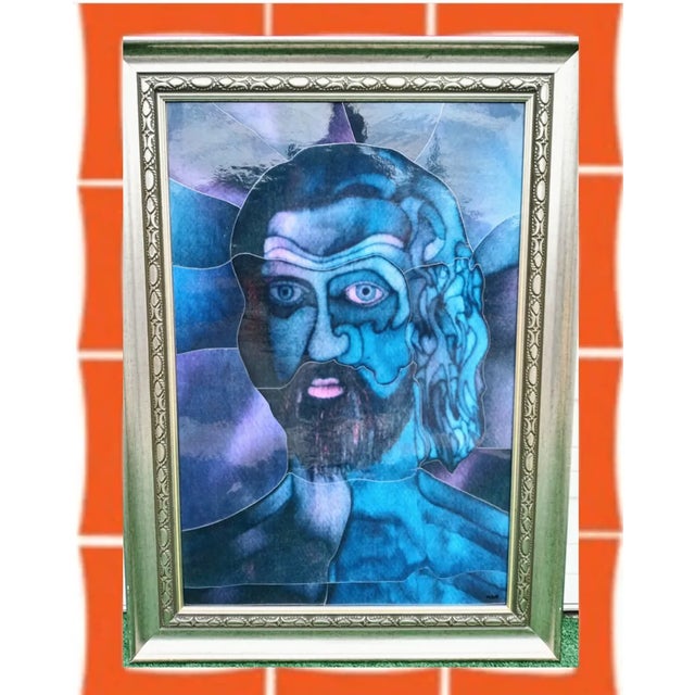 Custom Made Mosaic Collage Bright Blue Framed Portrait of Man Wall Art Signed For Sale - Image 9 of 10