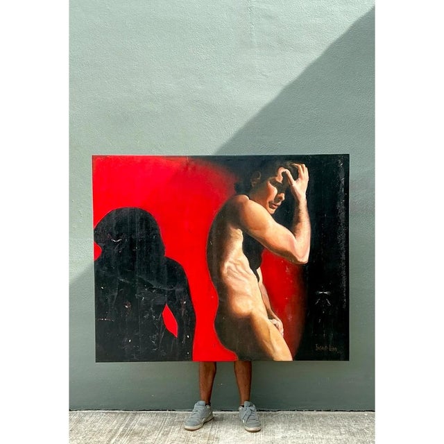 This striking vintage figurative oil portrait on canvas captures a nuanced interplay of light and shadow, emphasizing the...