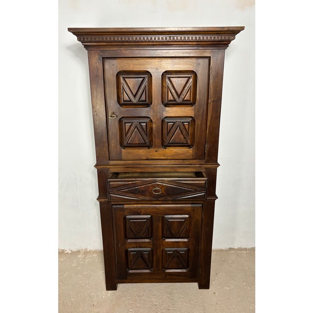 Vintage Spanish Renaissance Style Walnut Cabinet with Geometric Carve, 1920 For Sale - Image 9 of 16
