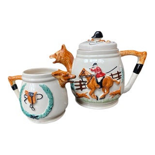 1940s English Fox Hunt Scene Ceramic Teapot and Creamer For Sale