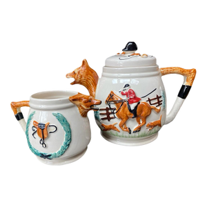 1940s English Fox Hunt Scene Ceramic Teapot and Creamer