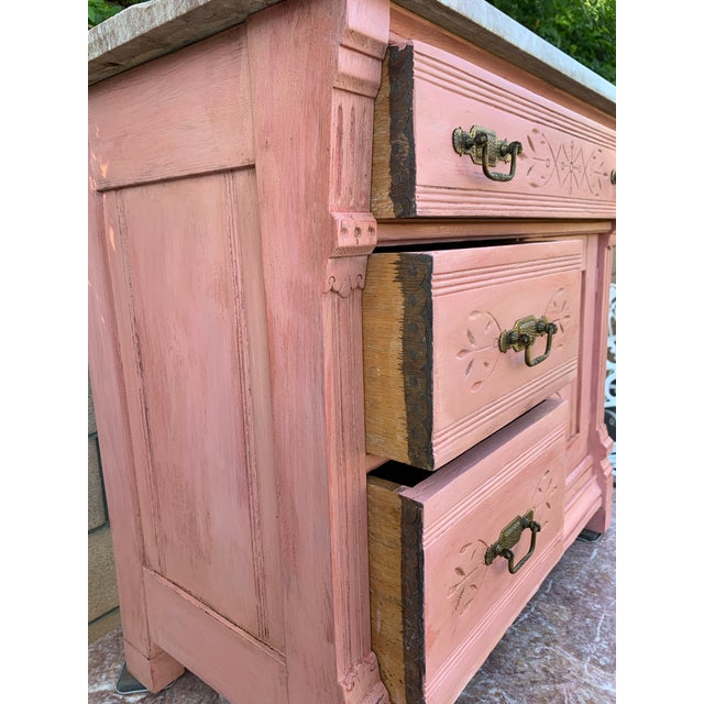 Antique Rustic Eastlake Spoon Carved Pink Commode W Marble Top For Sale In Seattle - Image 6 of 11