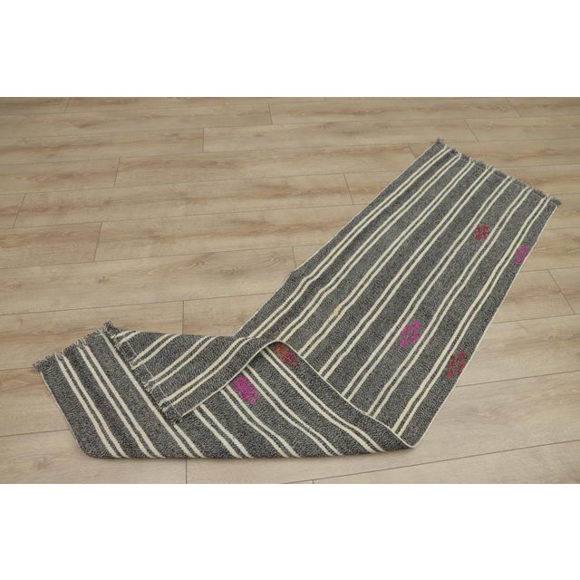 1980s Scandinavian Style Stripe Design Handmade Oushak Kilim Runner Rug For Sale - Image 10 of 12