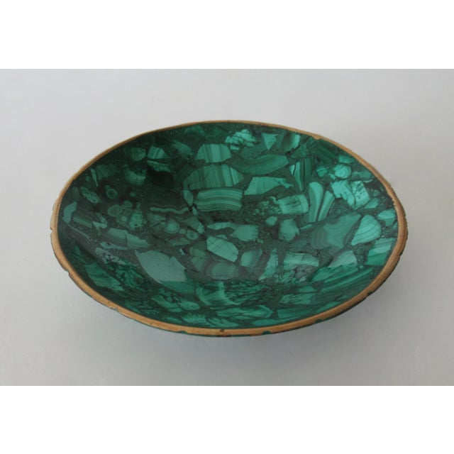 Mid-Century Modern Vintage Italian Coved Malachite Stone & Bronze Rimmed Catchall, and/or Nut/Candy Decorative Bowl For Sale - Image 3 of 14