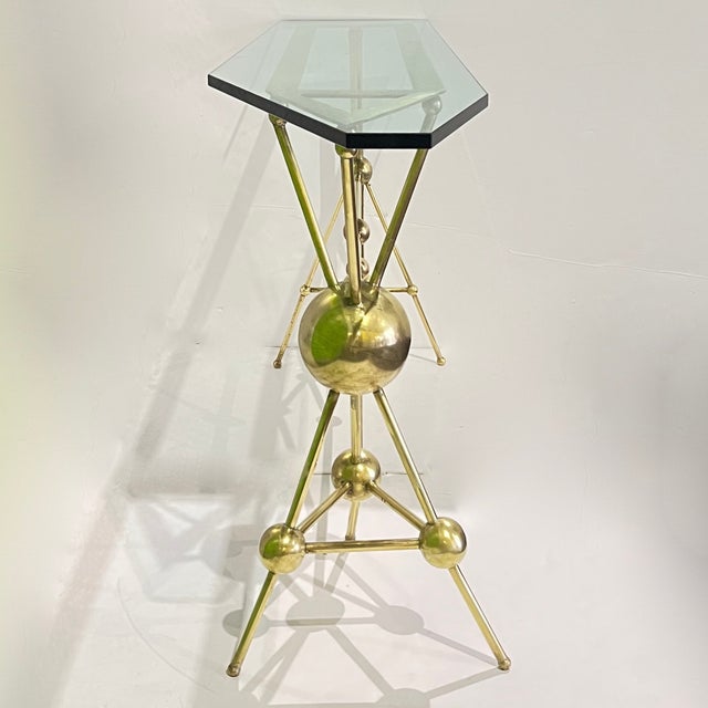 Gold Italian Modern Atomic Planet Design Slim Asymmetrical Brass Sphere Console Table For Sale - Image 8 of 18