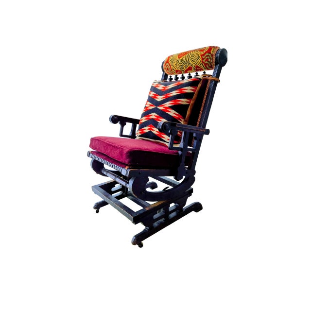 Circa 1860 Victorian Platform Rocker Navaho Blanket Pillow/ Snow Leopard Head Pillow For Sale - Image 4 of 14