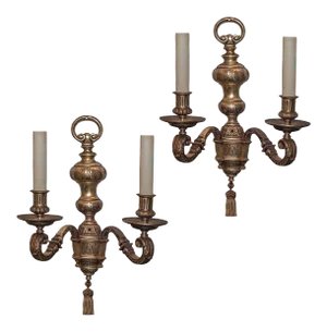 Silvered Metal Two-Arm Wall Light Sconces Attributed to Caldwell & Co - A Pair