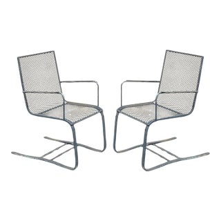 Mid 20th Century Modern Wrought Iron Metal Mesh Cantilever Garden Patio Chair - Pair For Sale