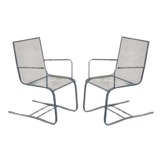 Mid 20th Century Modern Wrought Iron Metal Mesh Cantilever Garden Patio Chair - Pair For Sale