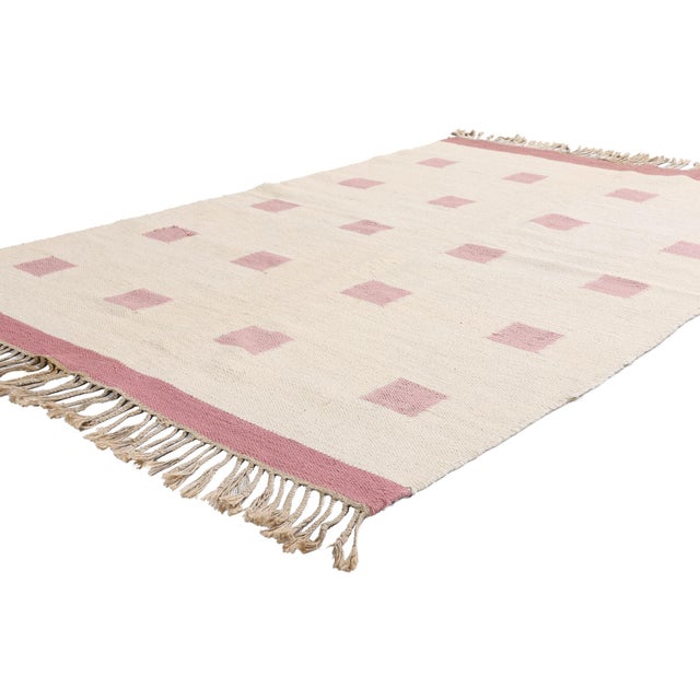 79362 Vintage Finnish Rollakan Rug, 04'06 x 06'09. The Blush Geometry: A Finnish Rollakan Masterpiece of Modernist...