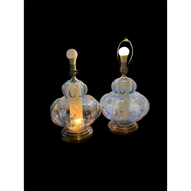 1950s Pair of Mid-Century Modern Murano Style Blue Bullicante Glass Lamps For Sale - Image 11 of 12