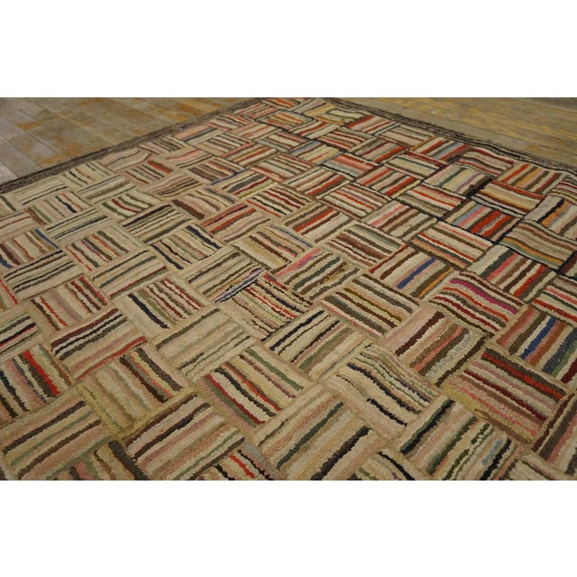 Brown 1890s Multi Brown Geometric Antique American Hooked Rug 4'3" X5'9" Woven Wool Carpet For Sale - Image 8 of 14