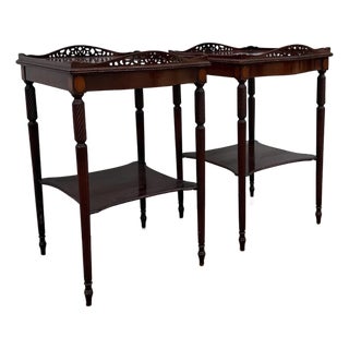 Pair of Vintage Hepplewhite Style Mahogany Side Tables With Pierced Galleries and Lower Shelves For Sale