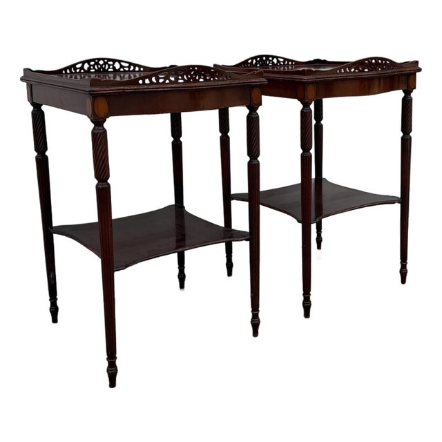 Pair of Vintage Hepplewhite Style Mahogany Side Tables With Pierced Galleries and Lower Shelves For Sale