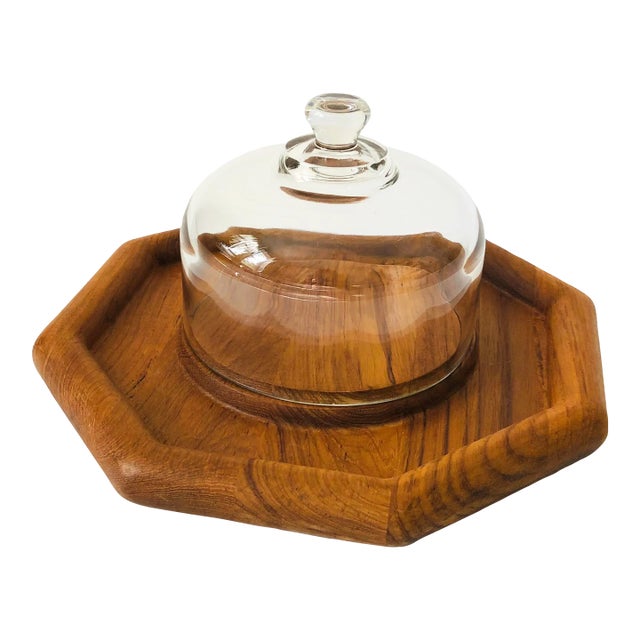 Glass Cloche on Octagonal Teak Tray For Sale