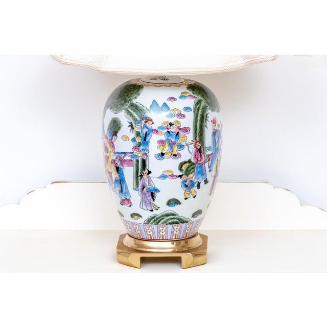 Chinese Chinese Famille Rose Porcelain Ovoid Vase Table Lamp | Celestial Court Figures | Carved Jade Finial | Mid-20th Century For Sale - Image 3 of 10
