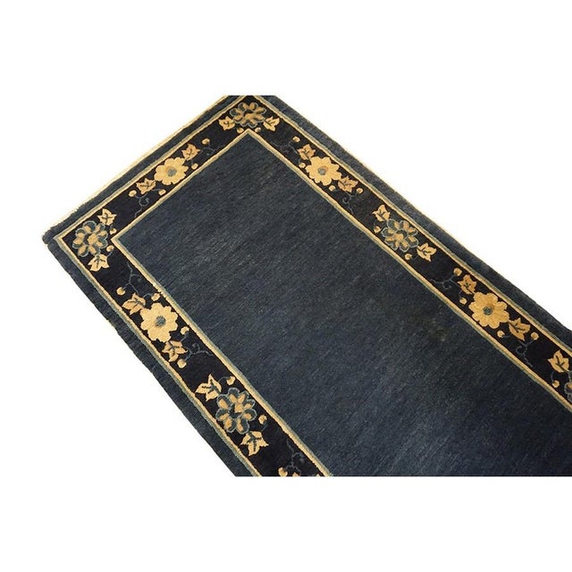 1920s Blue Ground Open Field Floral Antique Chinese Peking Runner Knotted Rug For Sale - Image 9 of 11