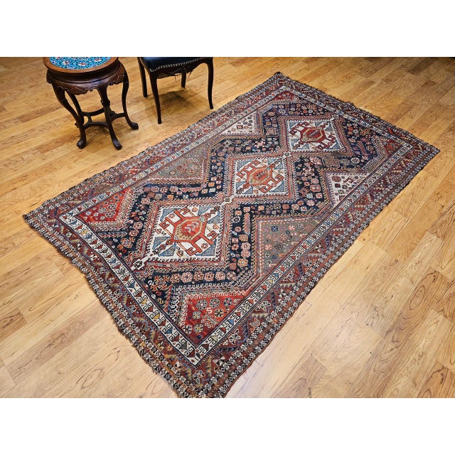 Red Vintage Persian Qashqai Tribal Area Rug, Hand-Knotted Wool, Geometric Medallions, 4x7, Navy & Red For Sale - Image 8 of 18