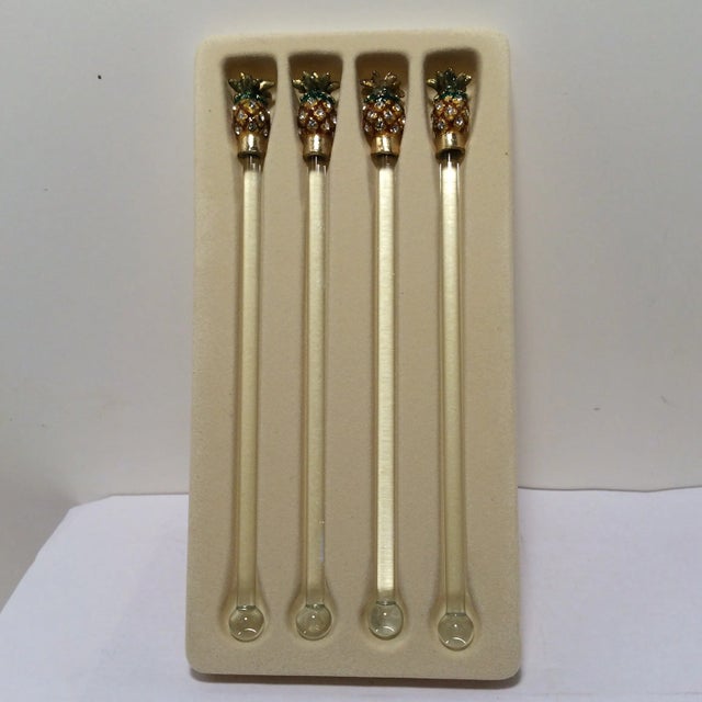 Pineapple Topped Stir Sticks Gold and Crystal - Set of 4 For Sale In Sacramento - Image 6 of 6