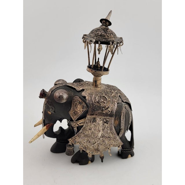 Rare Antique Indian Ebony Silver Overlay Jeweled Elephant W Real Ruby Stone. For Sale - Image 14 of 18