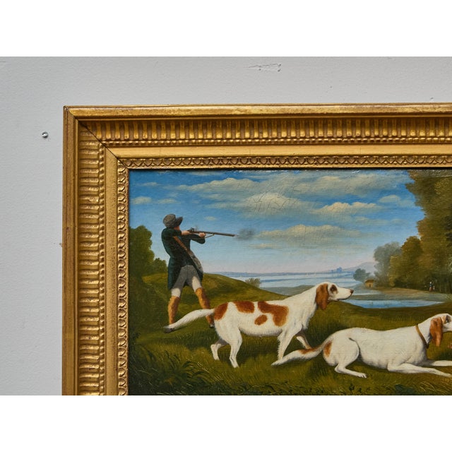 Green 19th Century English Painting of Hunting Scene with Pointer Dogs and Sportsman in Landscape For Sale - Image 8 of 12
