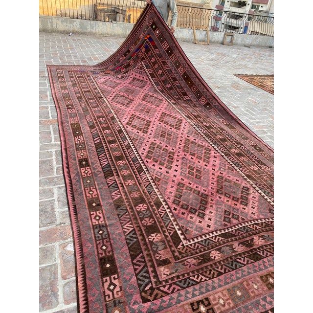 Maimana Kilim Gallery Rug, Handwoven Wool, 8x16, Rose & Chocolate For Sale - Image 10 of 11