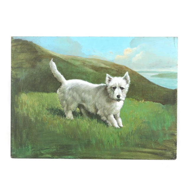 Avocado Vintage Oil Painting on Wood Panel – West Highland White Terrier in Scottish Landscape For Sale - Image 8 of 9