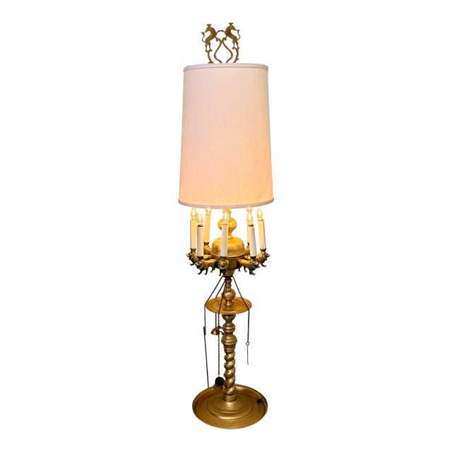 Antique Moorish Revival Lion Motif Brass Eight-Light Figural Lamp, Circa 1900 For Sale