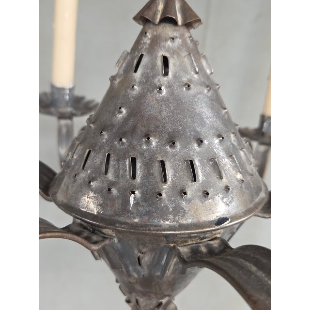 Antique Punched Tin Six-Arm Candle Chandelier, New Mexico, Spanish Colonial Style For Sale - Image 11 of 16