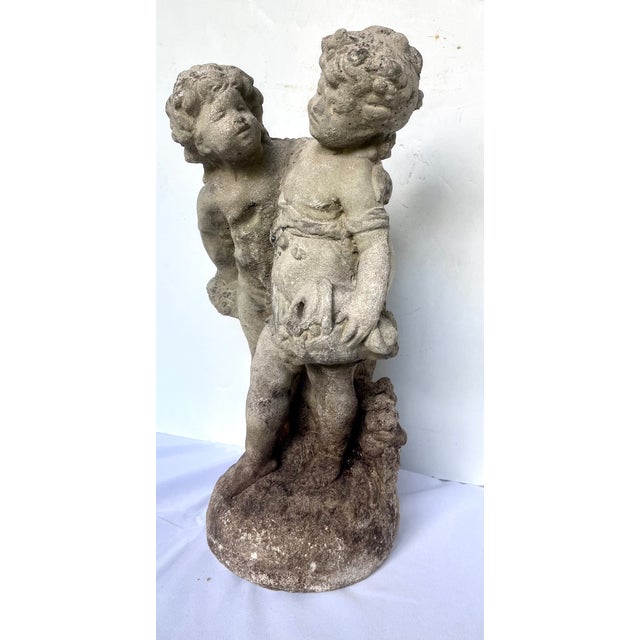 Vintage Mid-Century Neoclassical Weathered Concrete 18" Cherub Fountain Sculpture For Sale - Image 9 of 16