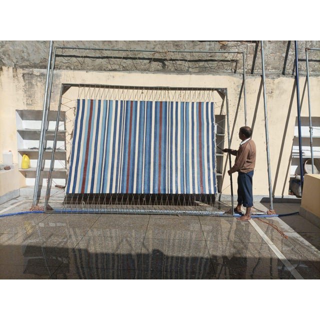 Sky Blue Handwoven Cotton Area Rug, Natural Vegetable Dyed, Blue, Red and Yellow Striped Dhurrie - 12'x15' For Sale - Image 8 of 12