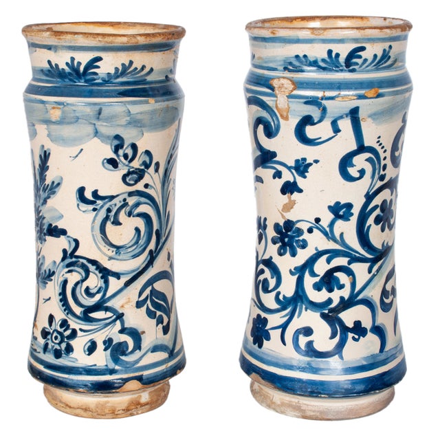Ceramic Pair of Antique 17th Century Spanish Blue & White Pottery Albarelli Drug Jars 1680 For Sale - Image 7 of 12