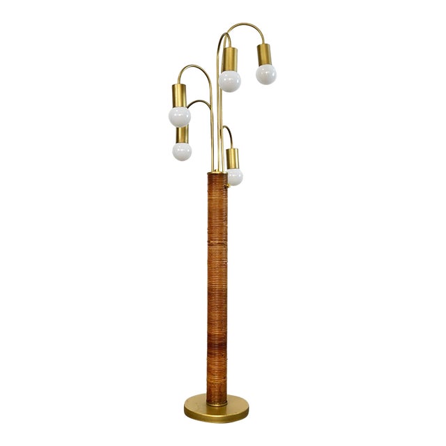 1970’s Mid-Century Modern Rattan & Gold Waterfall Floor Lamp For Sale