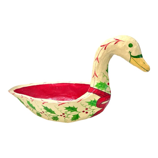 Vintage Paper Mache Swan Bowl – Hand Painted Christmas Swan Centerpiece Dish For Sale