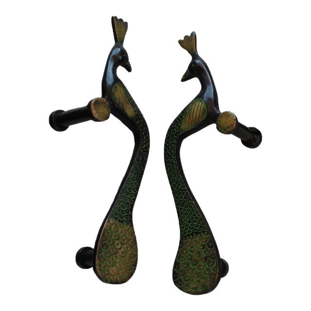 Vintage Handcrafted Peacock Enamel Bronze Door Handles Pulls Set of 2 For Sale