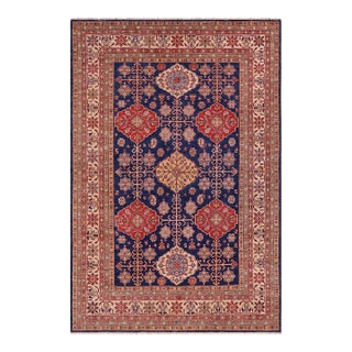 Boho Chic Super Kazak Blue/Beige Wool Rug - 7'10'' X 10'1'' For Sale