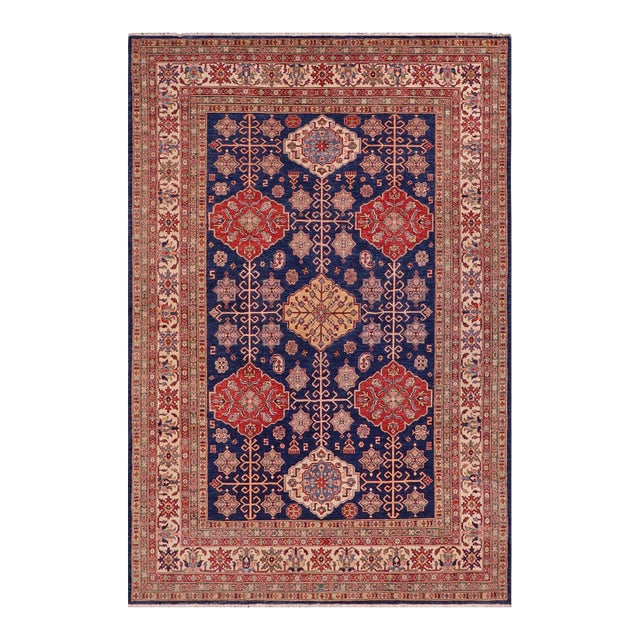 Boho Chic Super Kazak Blue/Beige Wool Rug - 7'10'' X 10'1'' For Sale