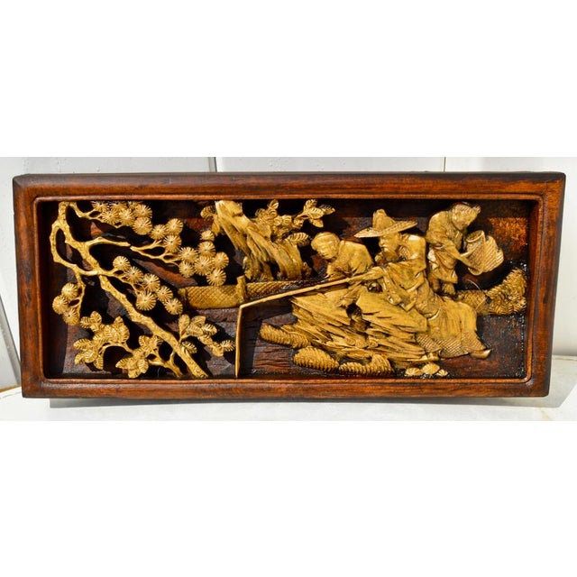 1920s Antique Chinese Carved Teak Fiqural Plaque W/Gold For Sale - Image 5 of 12