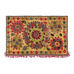 5x8 Ft Suzani 1979s Tapestry, Silk Embroidered Wall Hanging, Yellow Bedspread