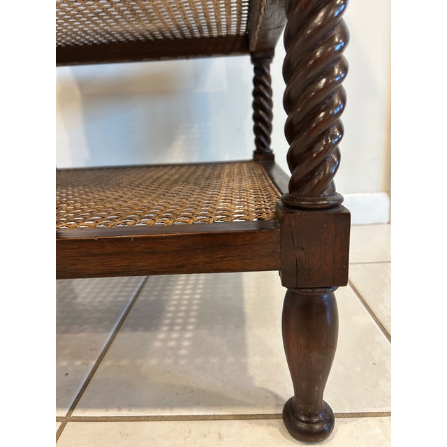 Late 19th Century British Colonial Side Table-Antique Mahogany End Table-Three Tiered Caned Stand-Barley Twist Legs-Two Drawers For Sale In West Palm - Image 6 of 12