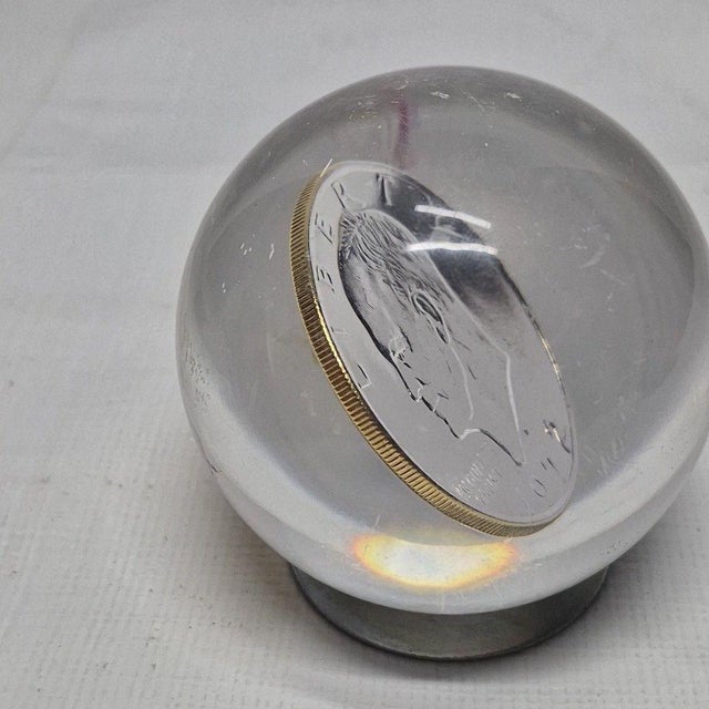 Mid-Century Modern 1972 Eisenhower One Dollar Coin Acrylic Marble Sphere Ball Paperweight With Stand For Sale - Image 3 of 5