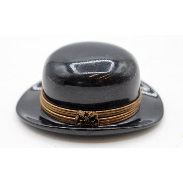 Black Vintage French Limoges Bowler Hat Form Porcelain Trinket Box For Sale - Image 8 of 8