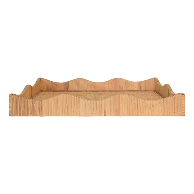 Matthew Izzo Home Wavey Large Scallop Edged Rectangle Rattan Tray For Sale