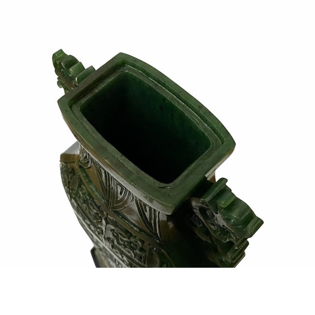 Abstract Natural Green Jasper Stone Carved Dragon Accent Flask Display Vase For Sale - Image 3 of 9