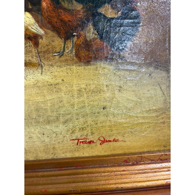 Light Yellow Framed Oil on Canvas of Chickens "Bottom of Hen Party" by Trevor James, 20th Century For Sale - Image 8 of 10