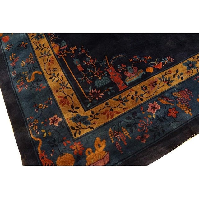 Textile 1920s Antique Chinese Art Deco Wool Floral Manchester Blue Hand Knotted Rug For Sale - Image 7 of 9