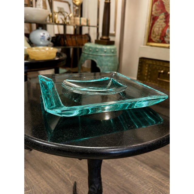 1950s Vintage Fontana Arte Aquamarine Crystal Glass Vide Poche Square Catchall Tray Italy Mid-Century For Sale - Image 5 of 10