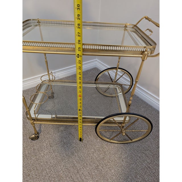 Glass Mid 20th Century Hollywood Regency Mirrored Glass and Brass Trolley Bar Cart For Sale - Image 7 of 9