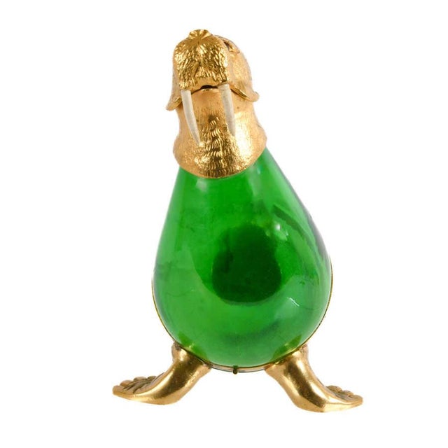 Mid-Century Modern Vintage Green Glass & Gilt Metal Walrus Claret Wine Decanter For Sale - Image 3 of 8